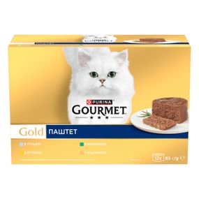 Набор влажного корма для котов с курицей, тунцом, кроликом и индейкой Gourmet Gold, 12 шт х 85 гр