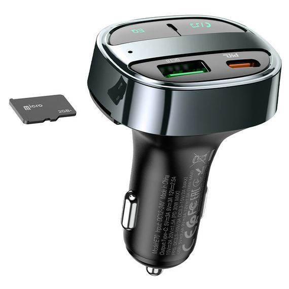 АЗП FM модулятор Hoco E70 PD30W+QC3.0 (1USB-A/1C) Чорний