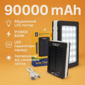 Power Bank Solar UKC 90000 mAh — сонячний павербанк з LED‑ліхтарем, металевий корпус, 2 USB, мобільне зарядне УМБ