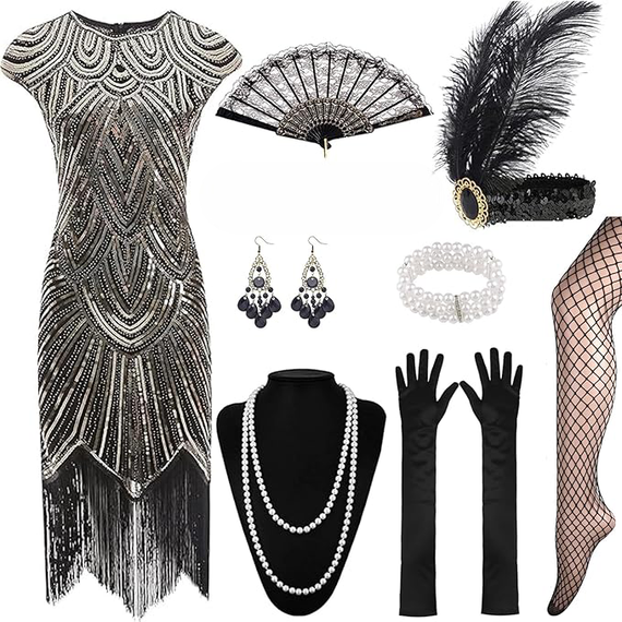 Сукня Гетсбі 20-х коктейльна з паєтками бахромою, пов’язкою прикрасами перчатками, жіночій ретро образ флаппер Чарльстон Хелловін