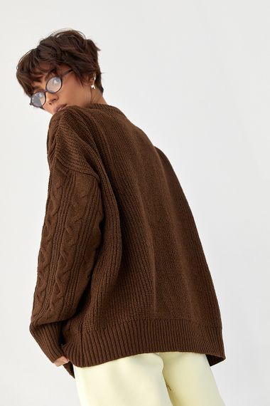 Вільна в'язана кофта в косички - коричневий цвет, ONE SIZE (є розміри) | Зображення 1