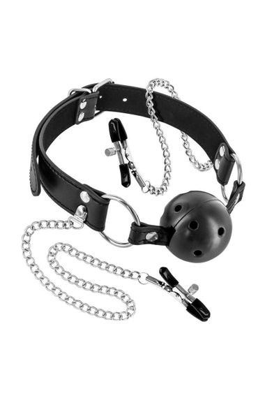 Воздухопроницаемый кляп с зажимами для сосков Fetish Tentation Rigid Gag Ball with Nipple Clamps Sex Aura