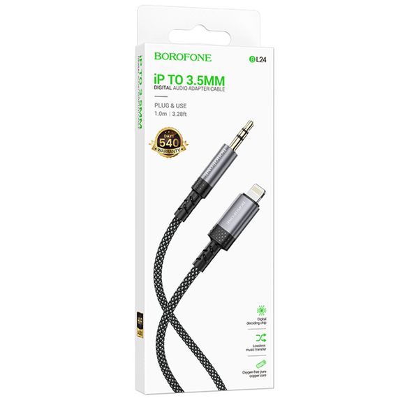 Аудіо кабель Aux Borofone BL24 Graceful (Lightning to AUX 3.5mm) (1m) Metal grey | Зображення 1
