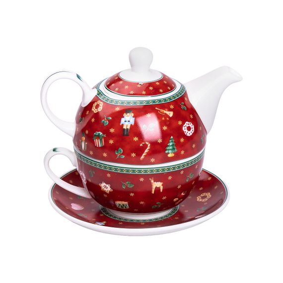 Заварник для чая с чашкой и блюдцем фарфоровый новогодний, красный HP-SD-10