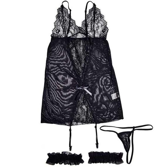 Коротенький пеньюар з підв'язками для панчіх чорний XS-S - Еротична білизна | Зображення 5