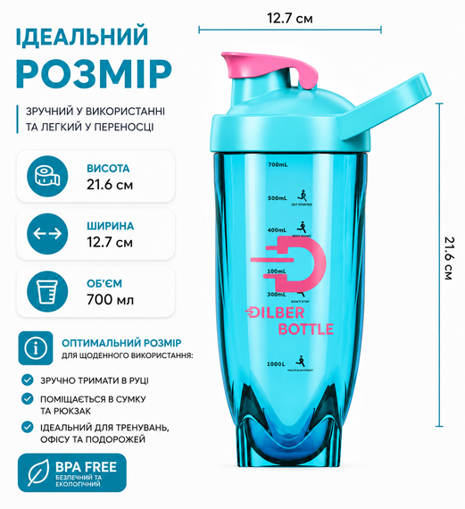 Тритановый шейкер Diller Bottle 700 мл с металлическим шариком (BPA Free) голубой | Зображення 2