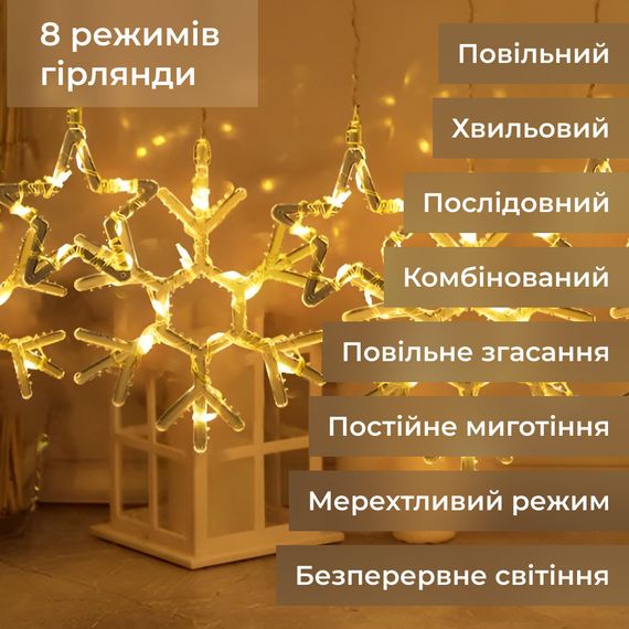 Гірлянда штора 3х0,9 м сніжинка зірка на 145 LED лампочок світлодіодна 10 шт Жовтий 1733068Y | Зображення 4
