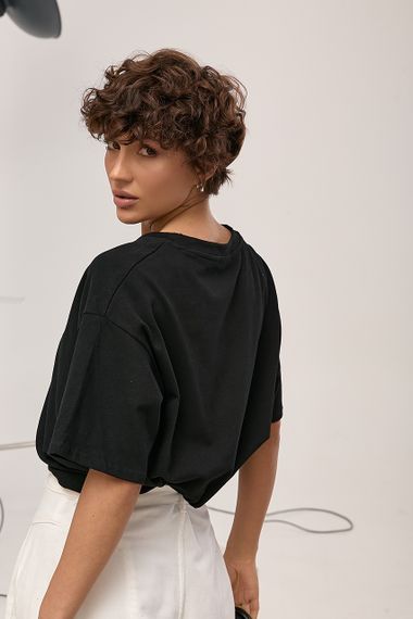 Однотонна футболка з написом вільного фасону - чорний цвет, ONE SIZE (є розміри) | Зображення 1