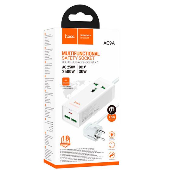 Мережевий фільтр HOCO AC9A на 1 розетку + 2 USB+USB-C, 30W, 220В, кабель 1, 5м | Зображення 1