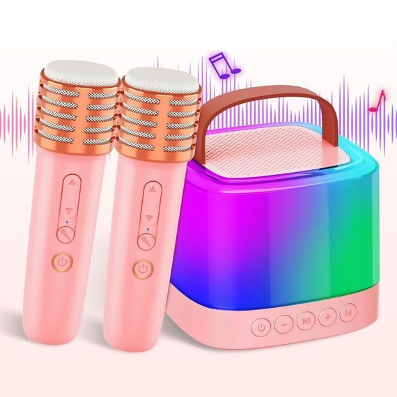 Портативная колонка-караоке + 2 микрофона, Bluetooth, USB, TF, AUX, T7, Розовый / Беспроводная колонка / Блютуз колонка | Зображення 6