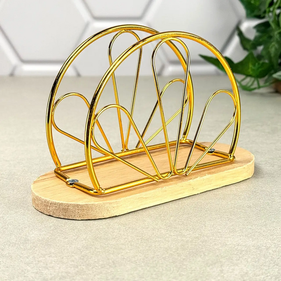 Серветниця GK-4420 настільна з металу та дерева 15,5×9,6×4,5 см підставка для паперових серветок Золотистий | Зображення 1