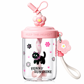 Шейкер FUNNY SUNSHINE чорна кошка 580 мл з віночком та трубочкою для фітнесу та коктейлів рожевий