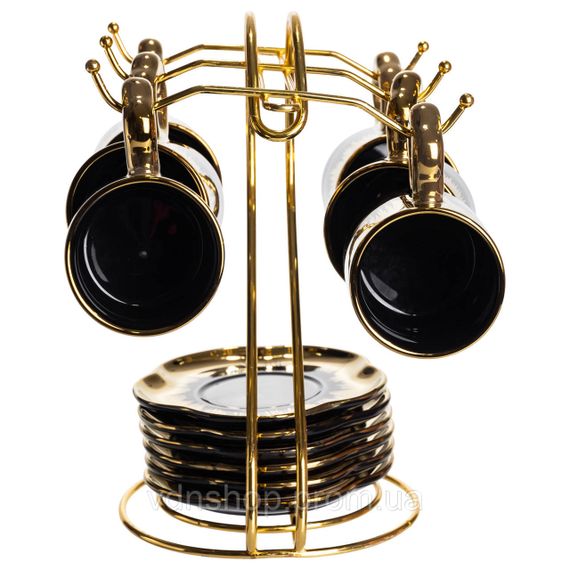 Набор чашек для кофе на металлической подставке 6 (шт) по 100 (мл) Черный с золотом FM-47 | Зображення 5