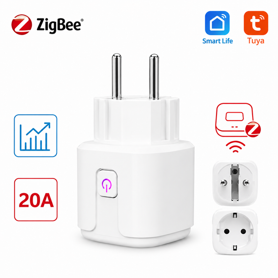 Розумна розетка Tuya ZigBee 20A EU з моніторингом енергоспоживання (працює тільки через ZigBee шлюз) | Зображення 1