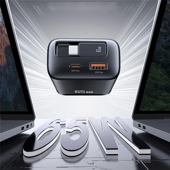 СЗУ Usams US-CC299 GaN With Retractable Type-C Cable Xiang Ser. 65W (1USB-A/1C) Black | Зображення 2