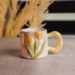 Новогодняя фарфоровая чашка для чая и кофе "Нежный Тюльпан" с 3D декором 400 мл, праздничная кружка чашка на подарок Оранжевый