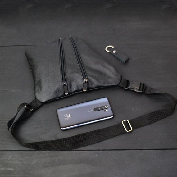 Сумка чоловіча на 3 кишенях, з натуральної шкіри, слінг нагрудний чорний, чоловіча сумка кроссбоді | Зображення 8
