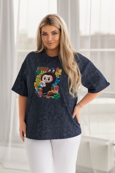 Женская футболка тай дай варенка с принтом Labubu цвет темно-синий, размер 46/48, GF05254 | Зображення 1
