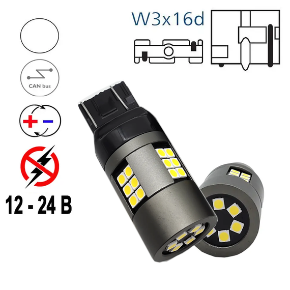 Автолампа світлодіодна W21W / 7440, цоколь W3x16d, 3030 x 30 smd, біла, біполярна, 12 — 24 В | Зображення 1