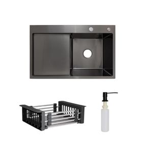 Комплект Lidz Handmade H7849BL Мийка для кухні інтегрована крило зліва BlackPVD у комплекті з дозатором + Lidz K01B Кошик