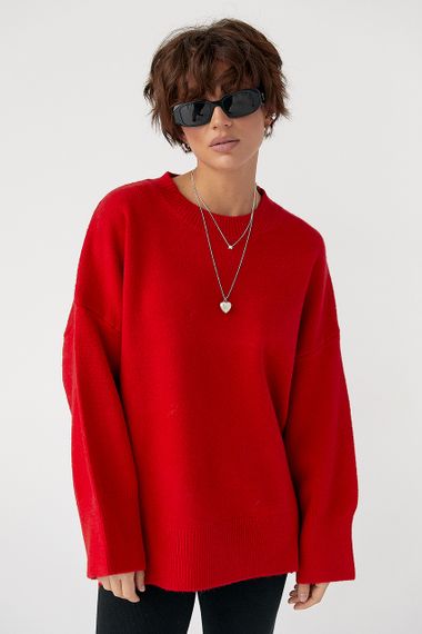 В'язана кофта оверсайз із розрізами - червоний цвет, ONE SIZE (є розміри) | Зображення 4