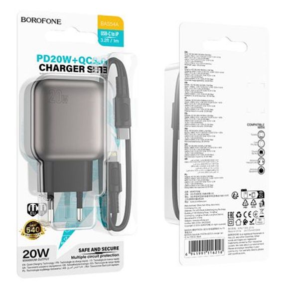СЗУ Borofone BAS54A Absolute PD20W+QC3.0 (1USB-A/1C) + кабель Type-C to Lightning Black | Зображення 2