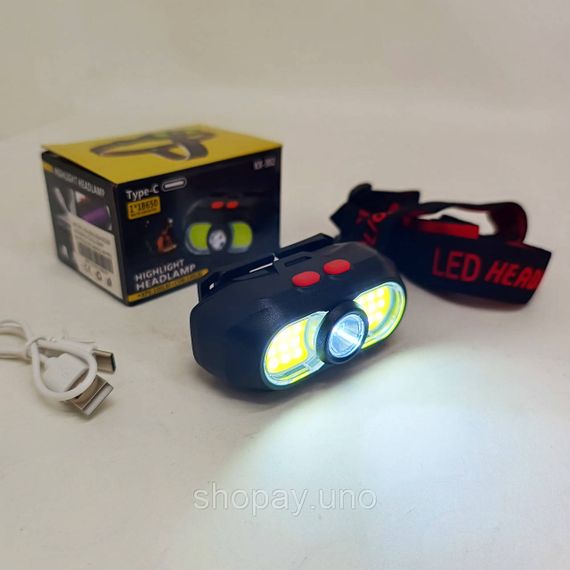 Налобный фонарь с креплением на голову KX-302-LED+2COB, Налобный фонарь с линзой, Головной фонарик AM-63 | Зображення 1
