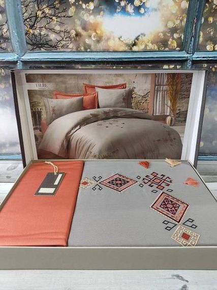 Постельное белье с вышивкой Dantela vita Tilbe antrasit Сатин Хлопок Евро размер (4 наволочки)