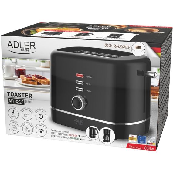 Тостер Adler AD 3224 black 850Вт/ 2 відділення/7 режимів підсмажування/розморожування/підігрів булок | Зображення 6