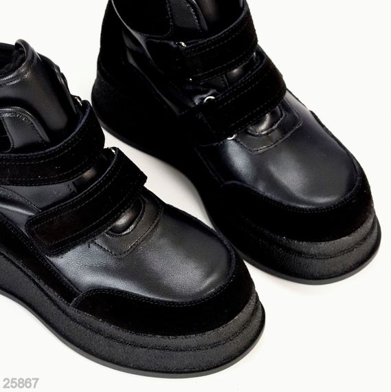 Чорні зимові черевики снікерси на липучках натуральна шкіра + замша | Зображення 2