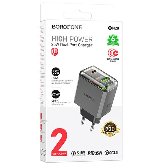 МЗП Borofone BN20 Lena PD35W+QC3.0 (1USB-A/1C) Metal gray | Зображення 1