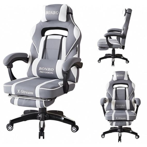 Крісло геймерське з тканини Bonro Бонро B-141 біло-сіре з підставкою для ніг (42401111) | Зображення 7