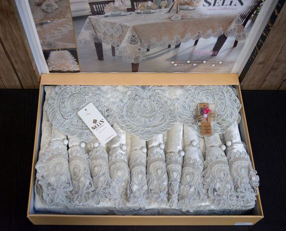 Велюрова скатертина з ранером Selin Beyza Set 160×300+12 серветок Кремовий | Зображення 3