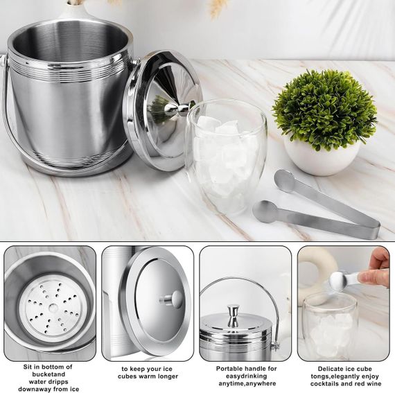 Ведро для льда 2л с крышкой, щипцами, ситечком термоизолированное с двойными стенками для охлаждения напитков. | Зображення 2