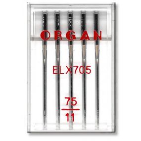 Иглы швейные для оверлока хромированные ORGAN EL×705 №75 пластиковый бокс 5 штук для оверлока.