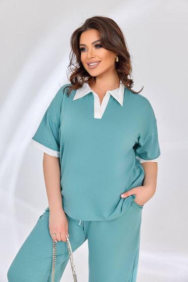 Женский легкий летний брючный костюм с футболкой, большие размеры и батал, SS172 цвет ментоловый, размер 48/50 | Зображення 1