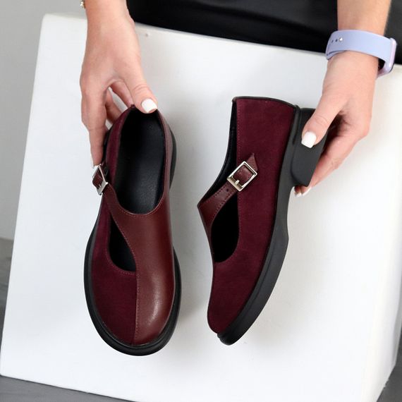 Дизайнерські бордові туфлі натуральна шкіра + замша низький хід | Зображення 7