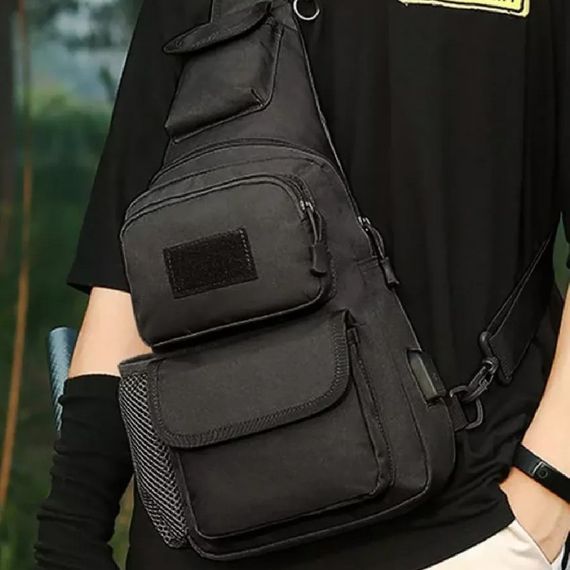 Мужская тактическая сумка, большая укрепленная сумка-слинг через плечо черная | Зображення 7