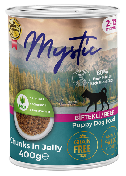 Влажная корма Mystic для щенков кусочки говядины в желе 400г конс.