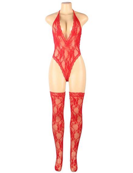 Комплект Star Night боді з коміром халтер та образним вирізом +панчохи, червоний sexstyle | Зображення 13