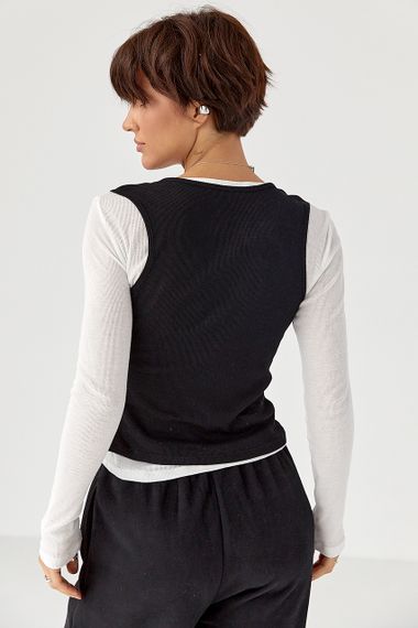 Двошаровий лонгслів у рубчик з імітацією жилетки - чорний цвет, L (є розміри) | Зображення 1