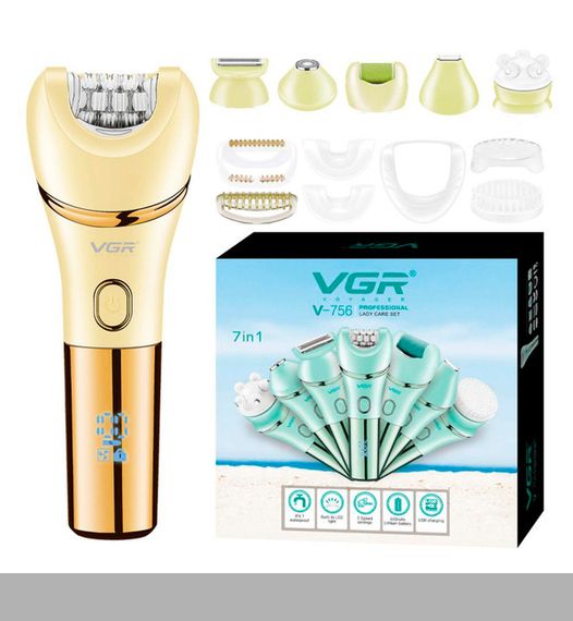 Епілятор VGR 7 в 1 V-756 Gold, 7 насадок, водонепроникний корпус класу IPX7 (46271-V-756 GOLD_733)