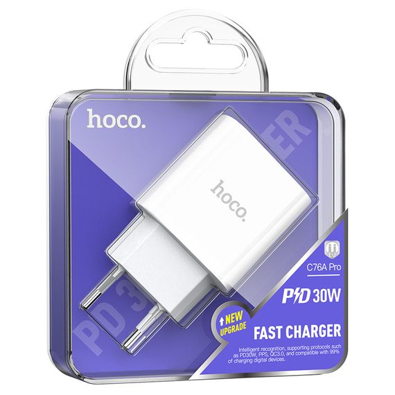СЗУ 110-240V HOCO C76APro, USB-C, PD30W, PPS, QC3.0, White, Box | Зображення 1