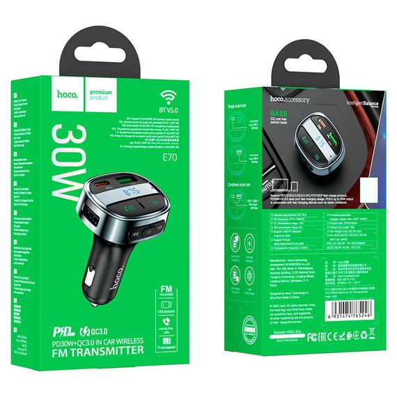 АЗП FM модулятор Hoco E70 PD30W+QC3.0 (1USB-A/1C) Чорний | Зображення 4