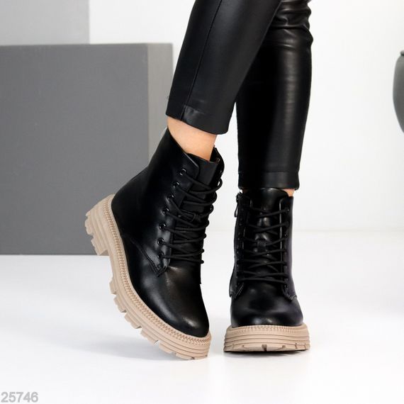 Чорні зимові черевики берці натуральна шкіра на бежевій підошві | Зображення 3