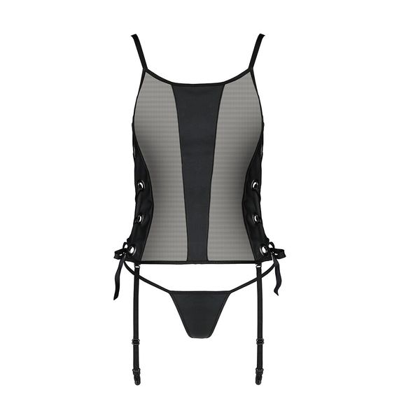 Сітчастий корсет з люверсами та знімними пажами Passion MALWIA CORSET S/M, black, екошкіра, стрінги | Зображення 4