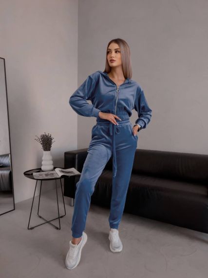 Женский спортивный велюровый костюм с укороченной кофтой LM10364 цвет синий, размер 42/44 | Зображення 3