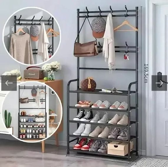 Підлогова вішалка-органайзер NEW Simple Floor Clothes для одягу та взуття з полицями та гачками, металева, чорна | Зображення 3