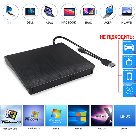 Внешний USB 3.0+Type-C оптический дископривод Addap EDB-02, портативный дисковод для компьютера, ноутбука, макбука | считыватель CD-RW, DVD-RW, DVD-RAM, DVD-ROM | Зображення 2