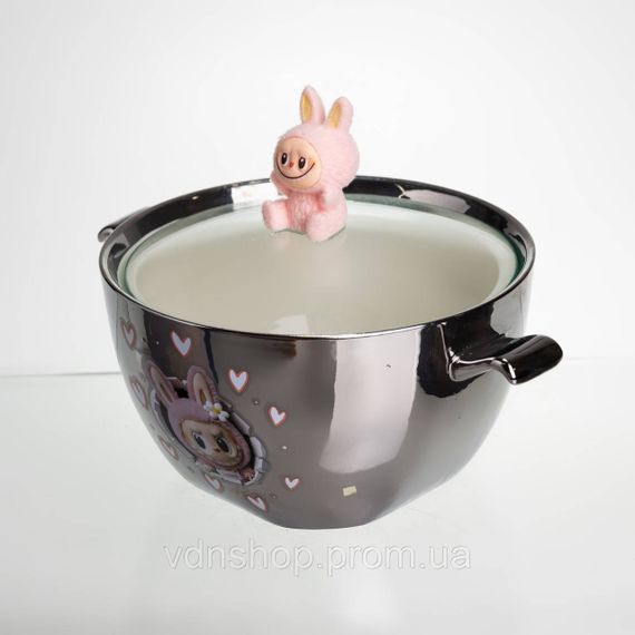 Бульонница фарфоровая Labubu с крышкой и ручками 800 (мл) Ø15 (см) детская тарелка для супа и лапши Серебристый с розовым FM-34C | Зображення 2
